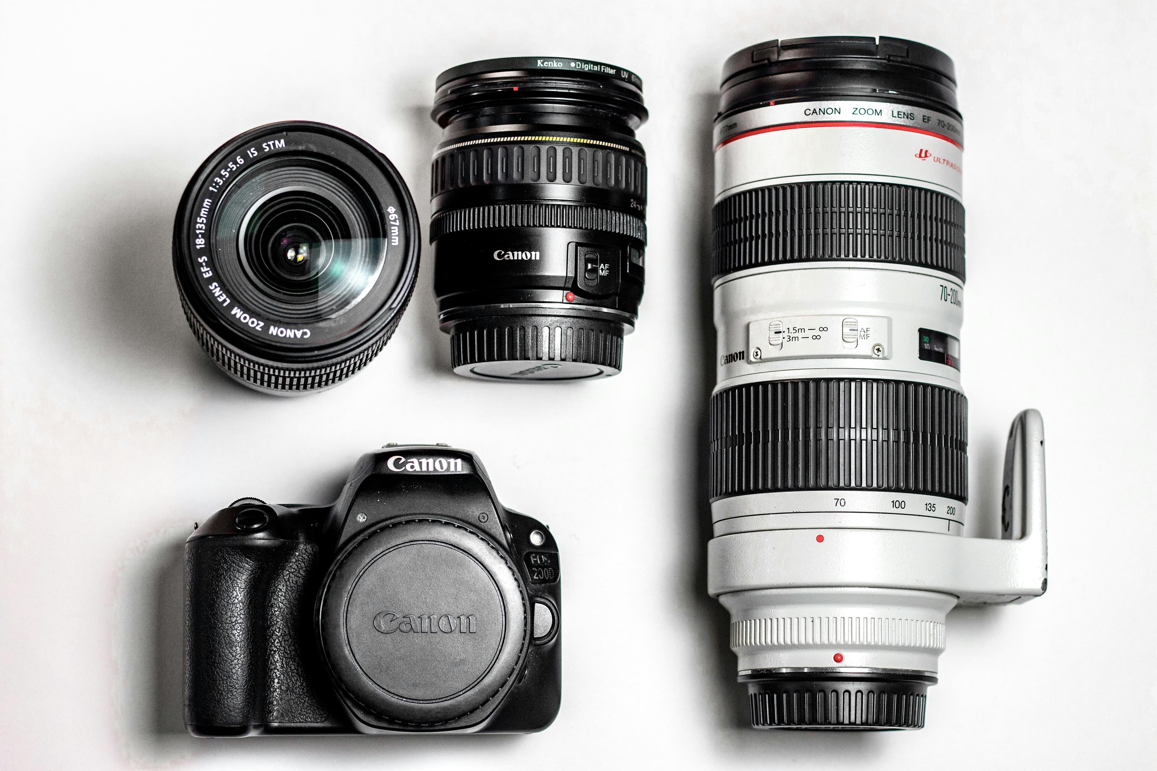 Camera and lenses arranged on a light surface
